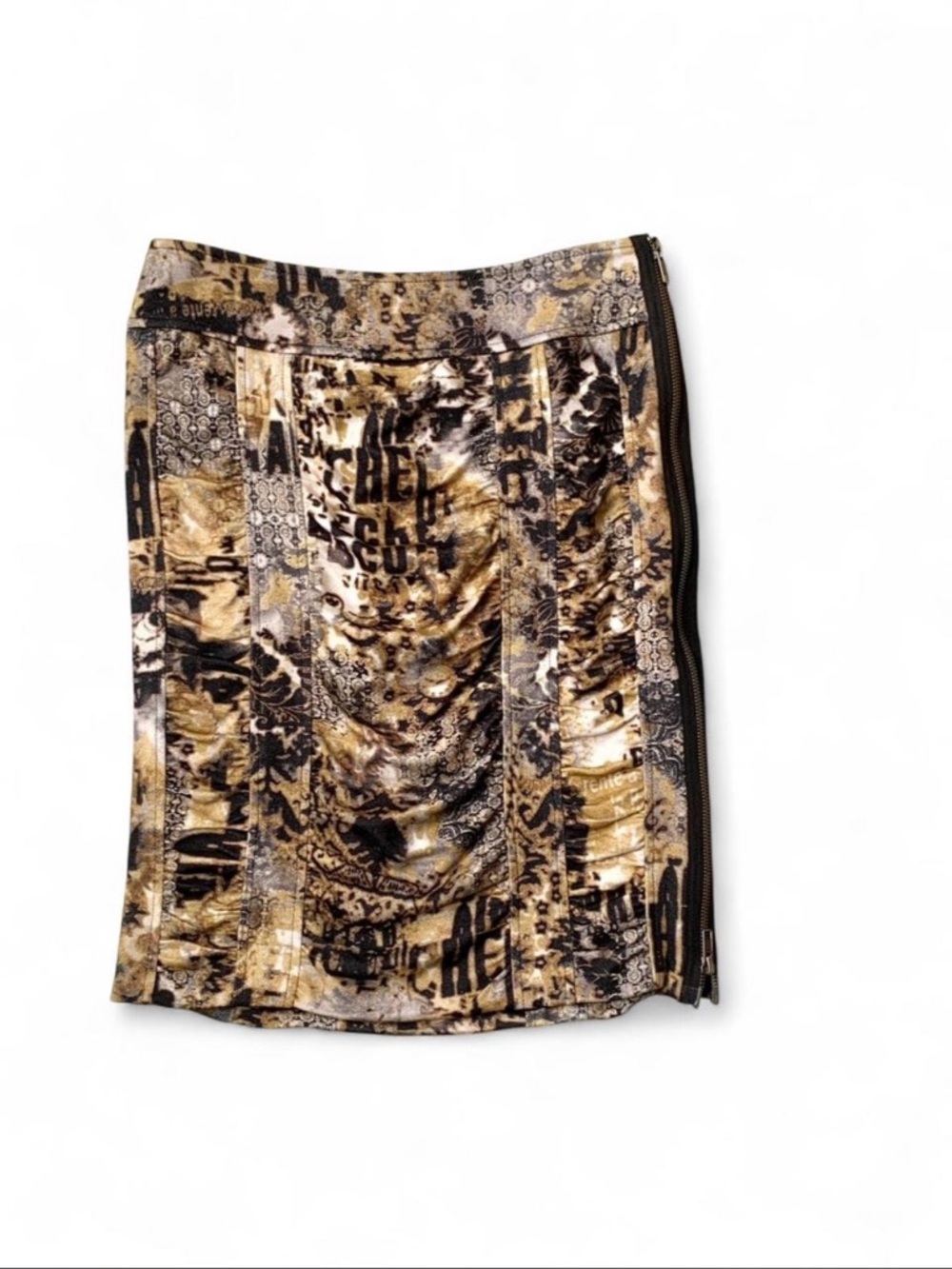 retro print ruched exposed side zipper skirt Made in USA